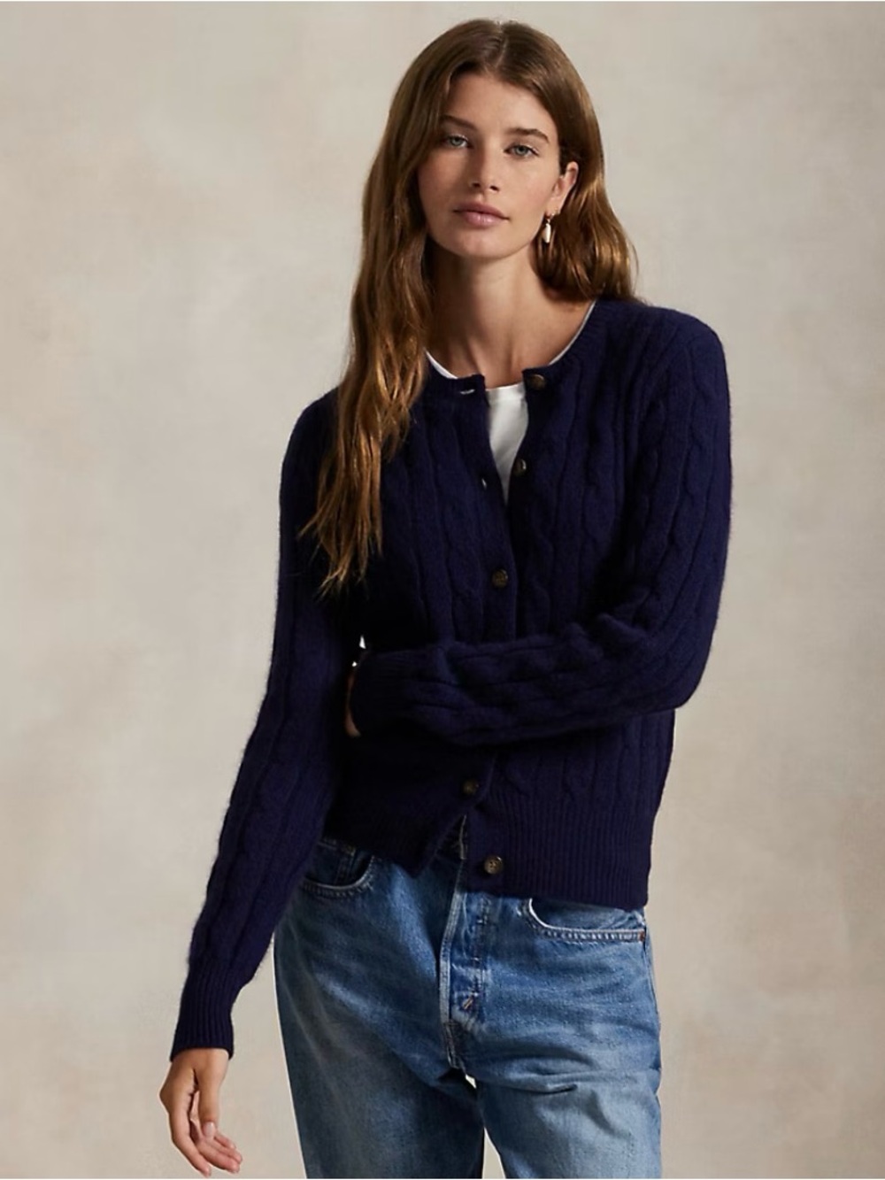 Lauren Ralph Lauren Cable-Knit navy blue Crewneck Cardigan size XS